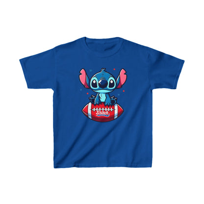 Luxurious Unisex Kids Disney Stitch Cotton T-Shirt in vibrant blue featuring Stitch character on a football, perfect for stylish youth wear.