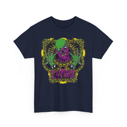 Navy graphic T-shirt for men with a captivating zombie artwork, featuring bold colours and intricate details for a statement piece.