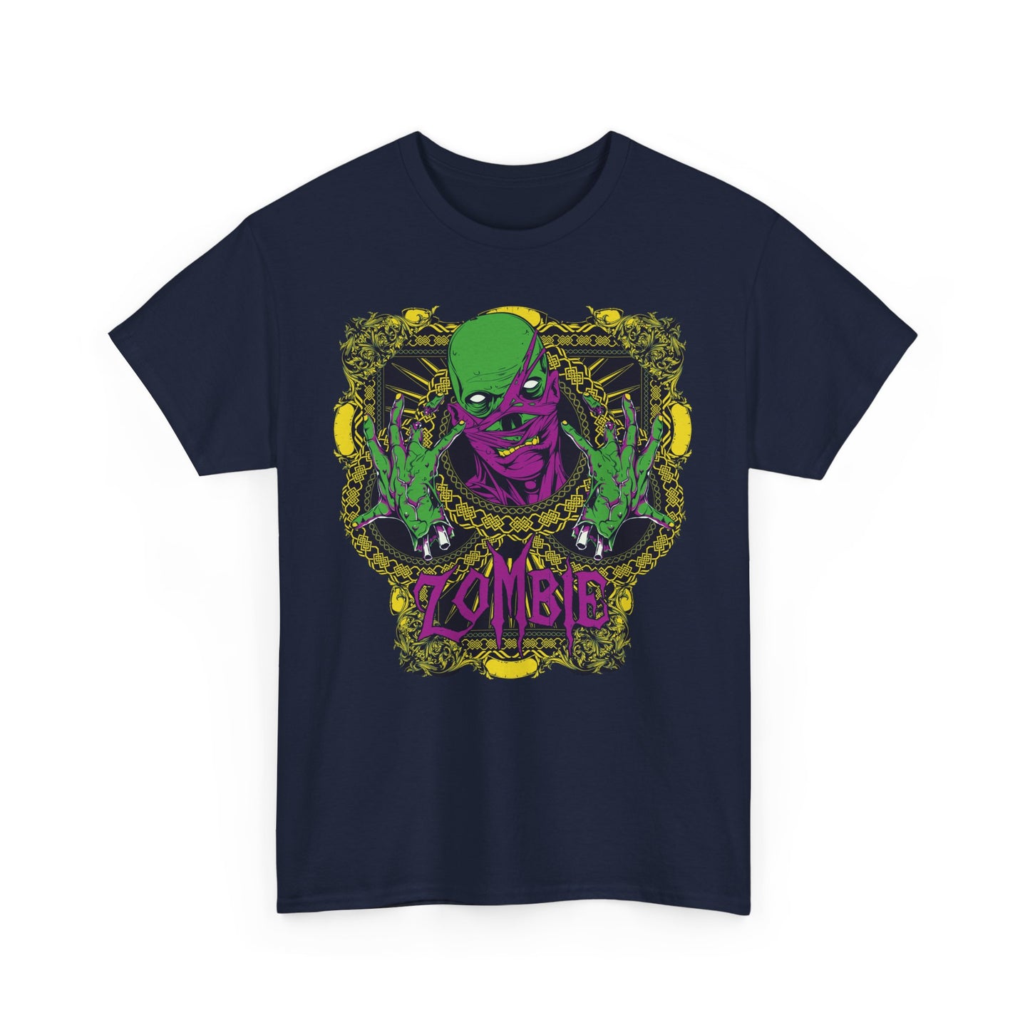 Striking navy blue graphic t-shirt featuring a bold zombie design with vibrant green and purple tones, perfect for making a fashionable statement in casual wear.