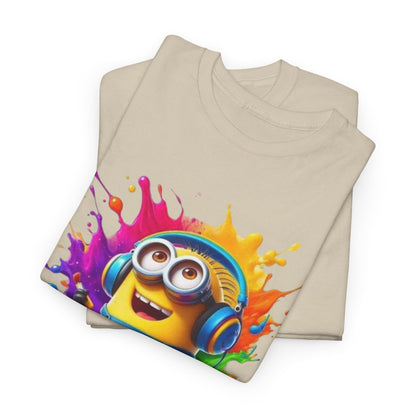 Stacked view of the Men's Funny Minion Paint Splash T-Shirt in beige, ideal for showing off a love for fun designs and the amusing world of Minions.