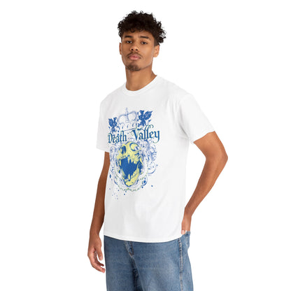 Man wearing a stylish white t-shirt adorned with a striking gothic skull and crown graphic from the Death Valley collection.