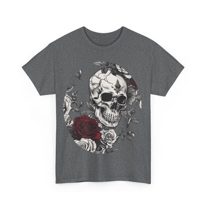 Front view of the Skulls and Roses Cotton Tee featuring an exquisite steampunk skull and rose design, epitomizing high-quality alternative fashion.