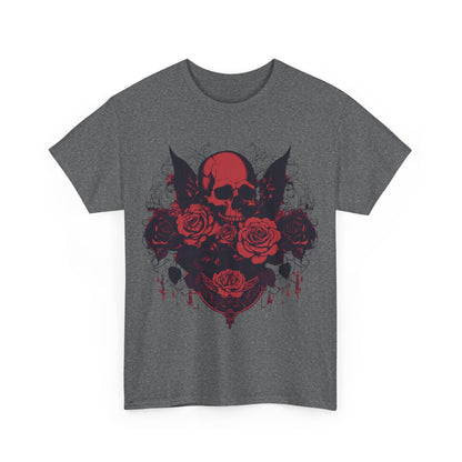 Striking front design of the Skulls and Roses Cotton Tee featuring a vivid graphic of skulls and roses.