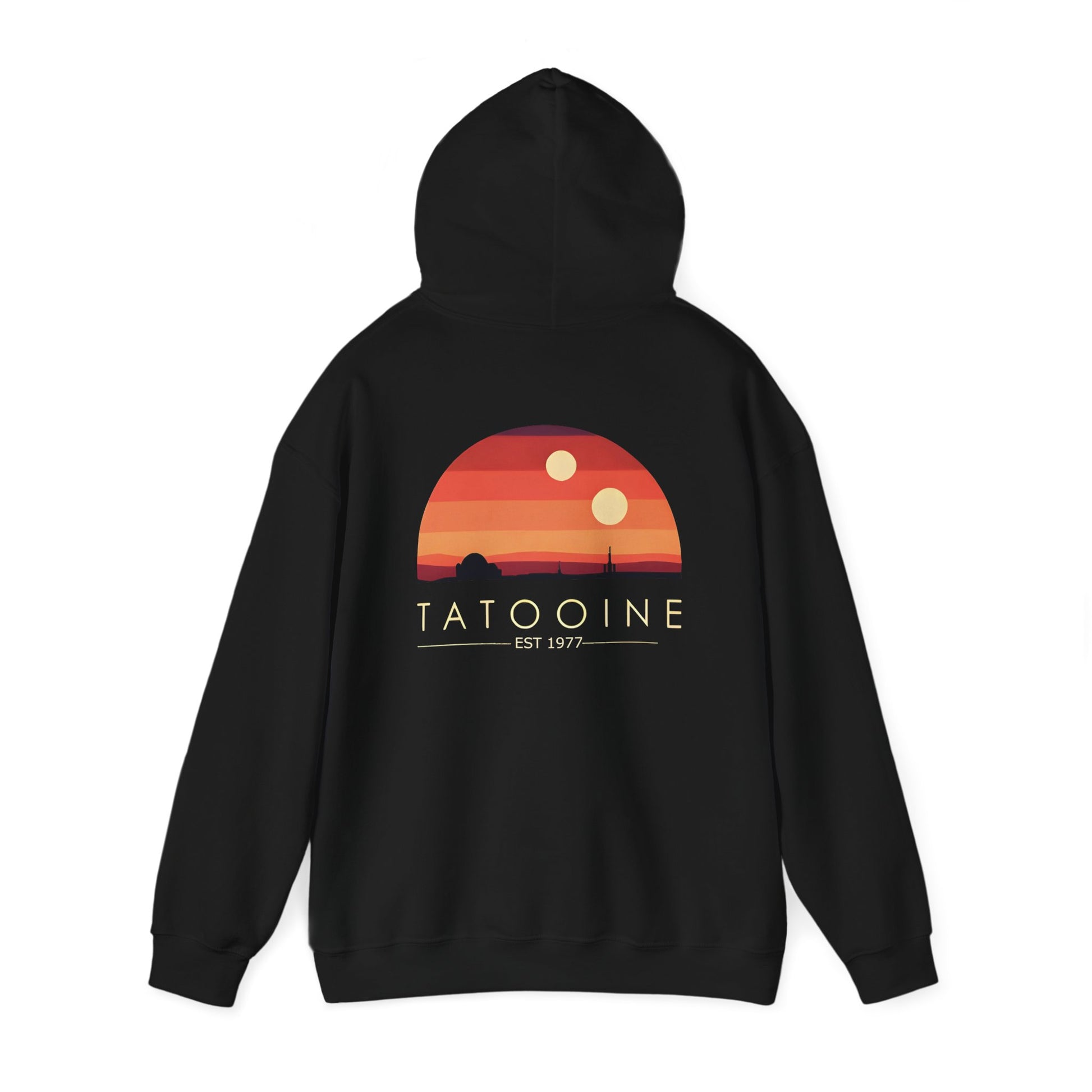 Detailed view of the bold 'TATOOINE' branding on the Stunning Tatooine Sunset Back Print Hoodie, designed for trendy Star Wars enthusiasts.
