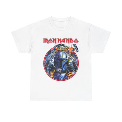 Iron Mando Graphic Tee in pristine white, highlighting intricate Mandalorian imagery and the 'IRON MANDO' title, designed for luxury-loving Star Wars fans.