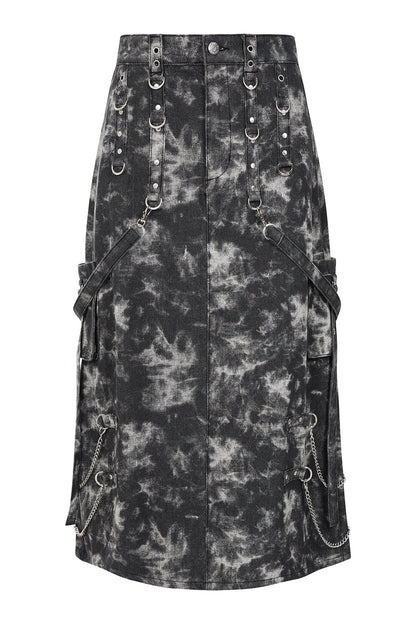 Banned Apparel Eris Skirt in black acid-wash denim featuring O-rings, chains, and decorative straps - a striking statement piece for gothic fashion enthusiasts.