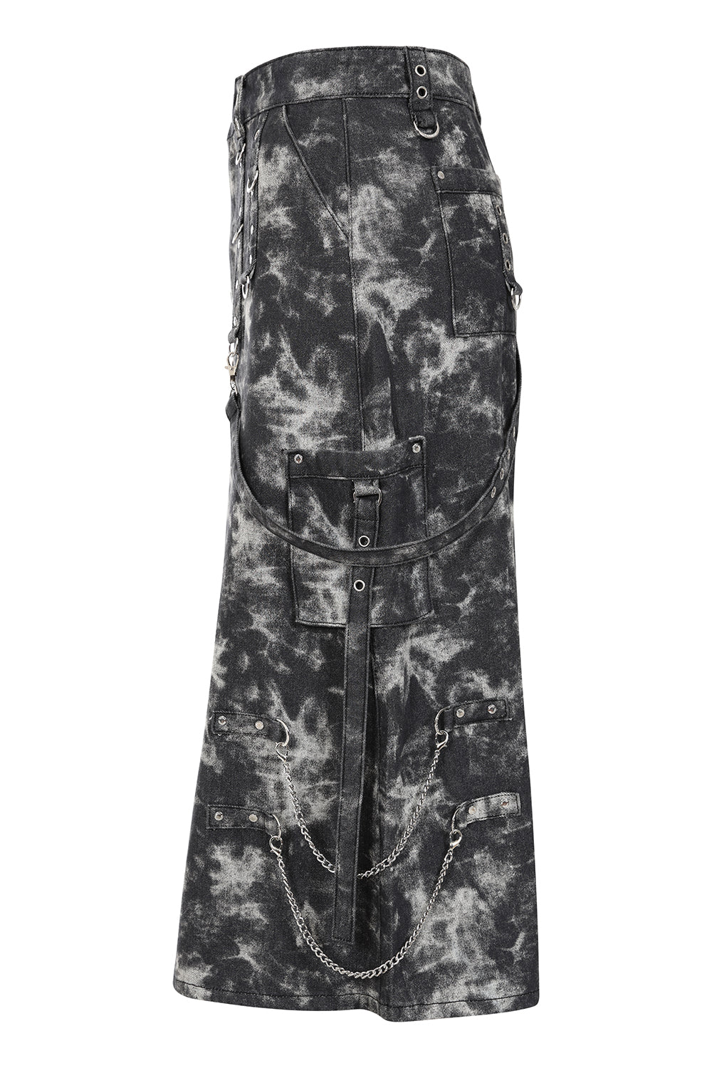 Detail image showcasing silver hardware, rivets, and removable chains on the Banned Apparel Eris Skirt, perfect for a luxurious alt style.