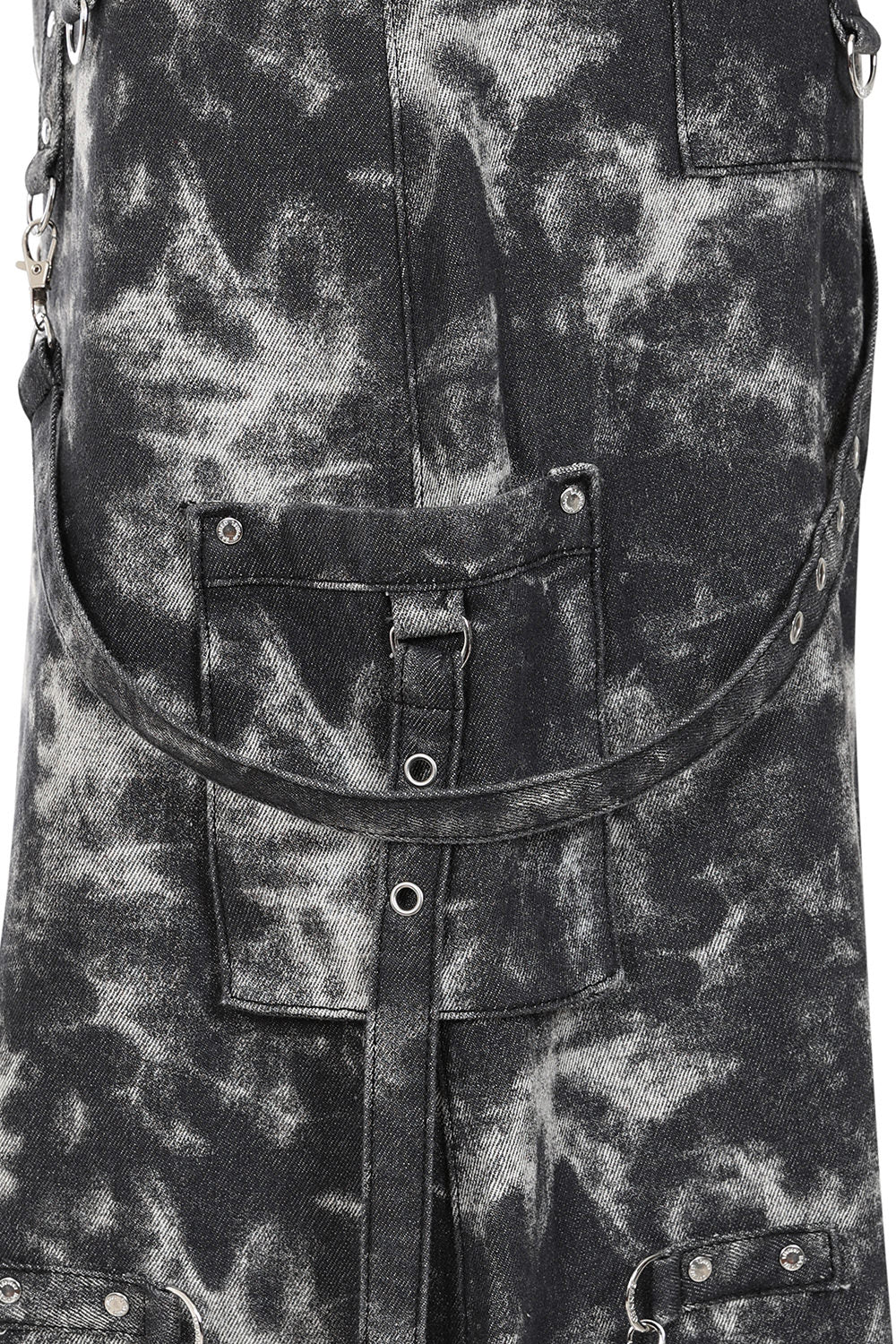 Banned Apparel Eris Skirt in black acid-wash denim, featuring decorative O-rings, chains, and buckled straps, representing elegant gothic fashion.