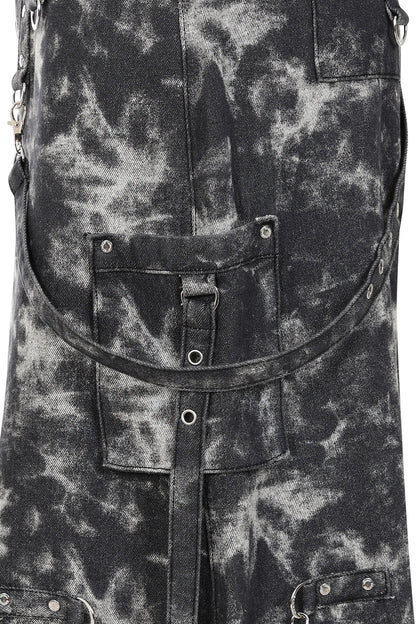 Banned Apparel Eris Skirt in black acid-wash denim, featuring decorative O-rings, chains, and buckled straps, representing elegant gothic fashion.