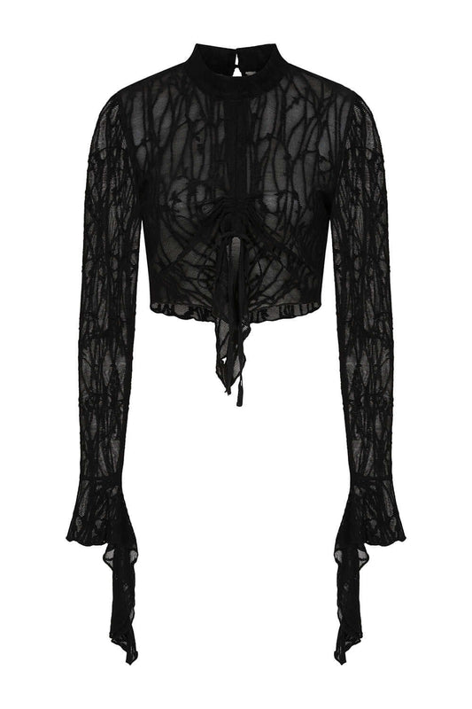 Banned Apparel Abyssia Lace Gothic Crop Top featuring intricate vine-like lace pattern and ruched drawstring bust, beautifully styled with dramatic flared sleeves.