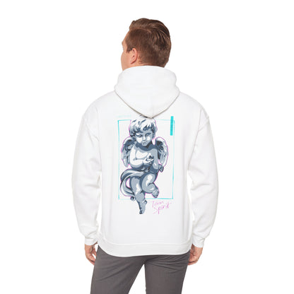 Stylish individual wearing a white Cherubic Angel hoodie, featuring an intricate angel graphic on the back, blending comfort with high-fashion aesthetics for a modern look.