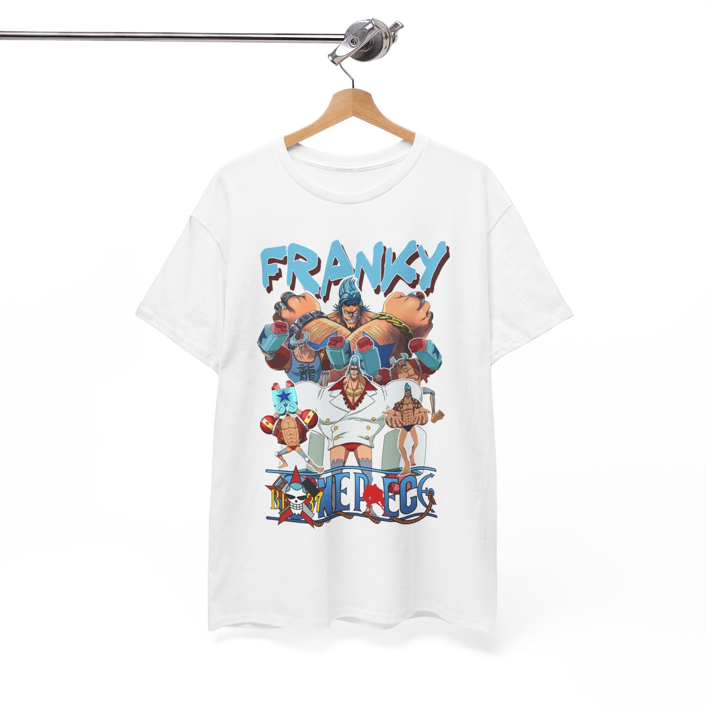 Elegantly displayed white t-shirt with striking ‘Franky’ design from ‘One Piece’, adorned with iconic characters and captivating artistic elements, ideal for style-conscious fans.