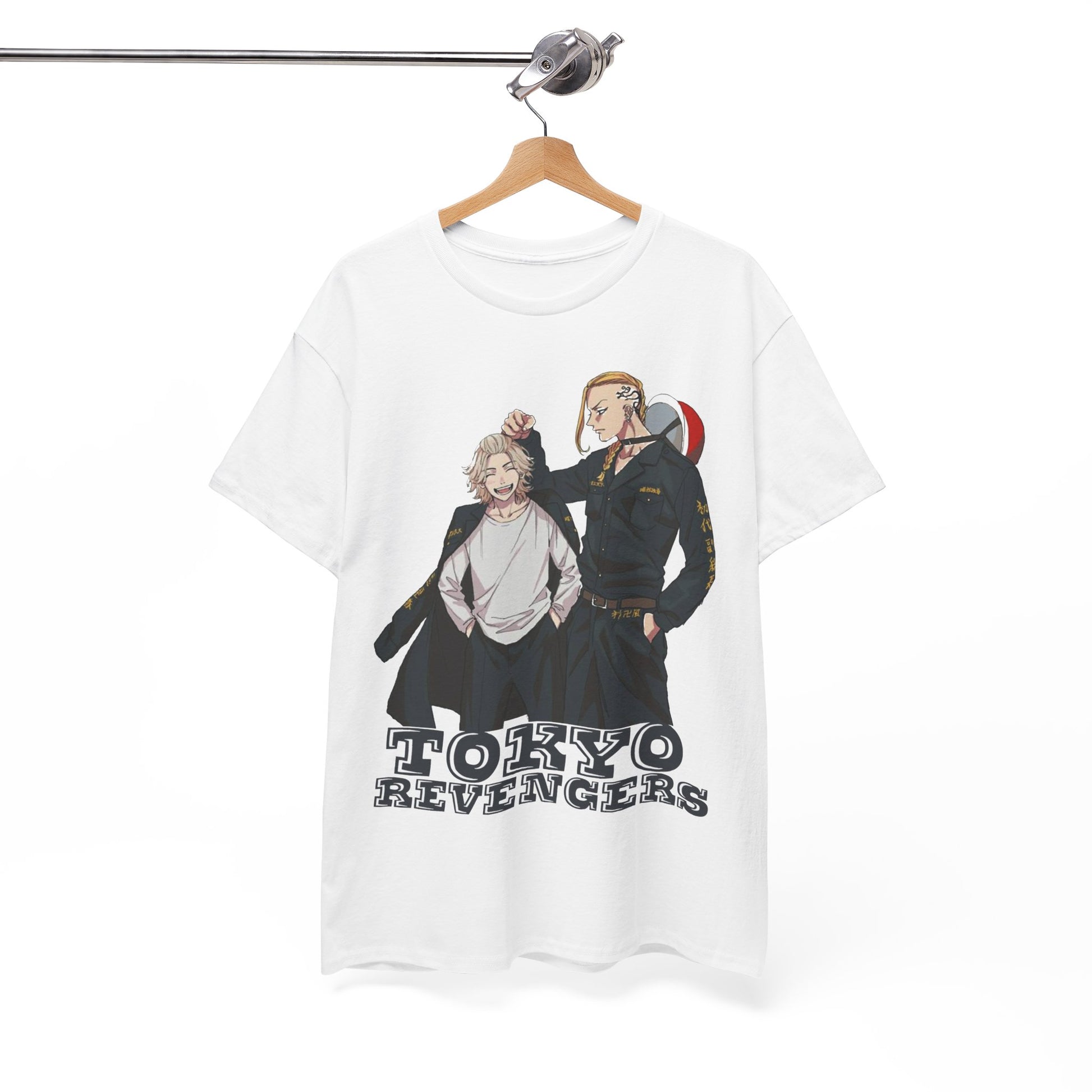 Elegant Tokyo Revengers graphic tee on a hanger, showcasing vibrant illustration of anime characters, suitable for casual and trendy outfits.