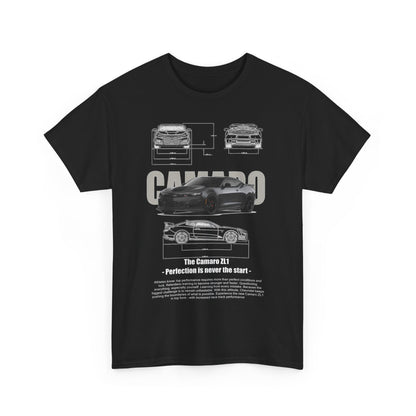 Luxury T-Shirt featuring the Chevy Camaro ZL1 graphic design, showcasing detailed sketches and the phrase 'Perfection is never the start.' Perfect for performance car enthusiasts.