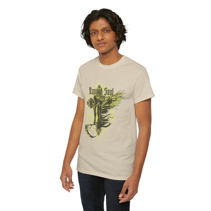 Elegant men's t-shirt in beige with a captivating Grim Reaper graphic, embellished with floral motifs and the phrase 'Damned Soul' in an artistic gothic typeface.