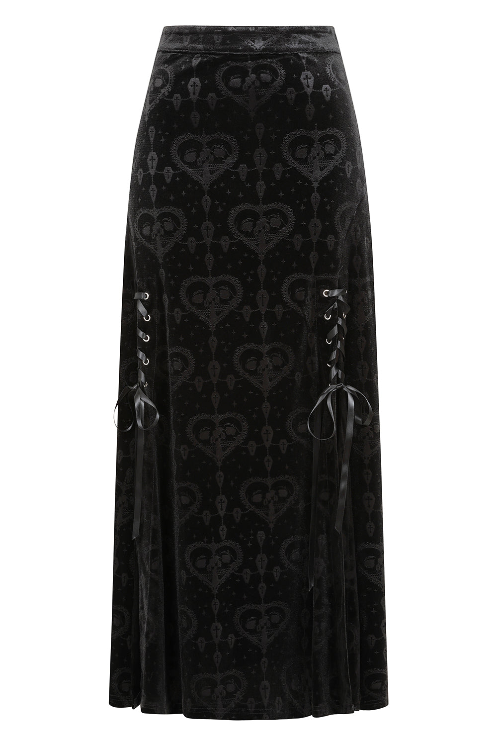Elegant black Banned Trivia gothic velvet skirt featuring luxurious lace-up grommet details and a flared hemline, perfect for alternative fashion.