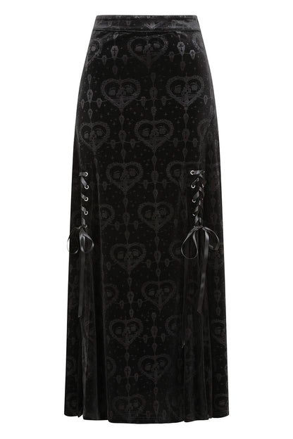 Elegant black Banned Trivia gothic velvet skirt featuring luxurious lace-up grommet details and a flared hemline, perfect for alternative fashion.