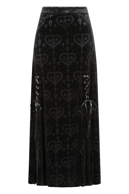 Elegant black Banned Trivia gothic velvet skirt featuring luxurious lace-up grommet details and a flared hemline, perfect for alternative fashion.