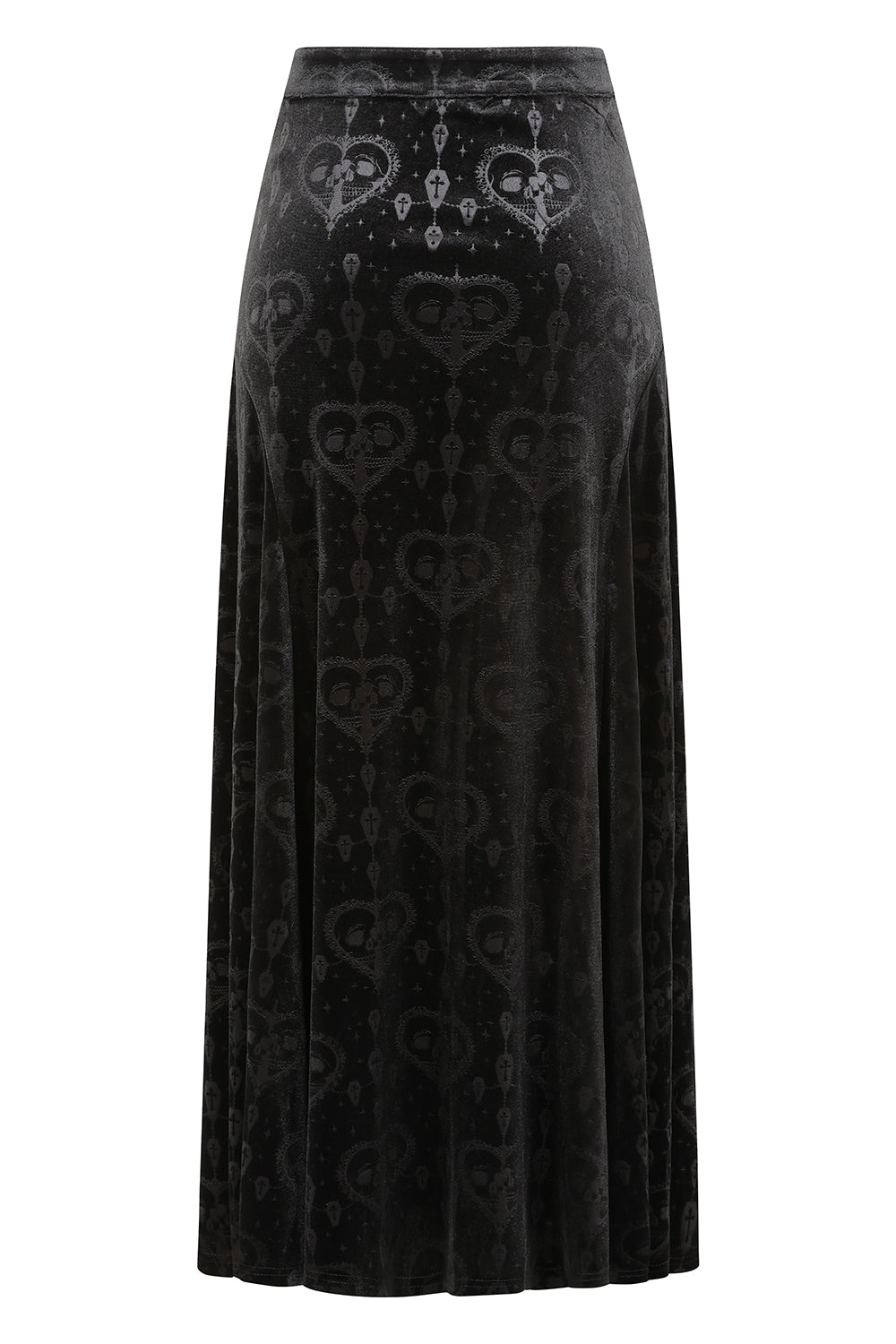 Close-up view of the unique burnout velvet texture and exclusive gothic pattern of the Banned Trivia skirt in black, showcasing its sophisticated design.