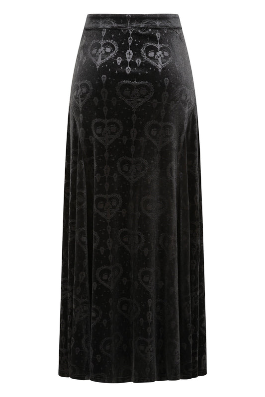 Close-up view of the unique burnout velvet texture and exclusive gothic pattern of the Banned Trivia skirt in black, showcasing its sophisticated design.