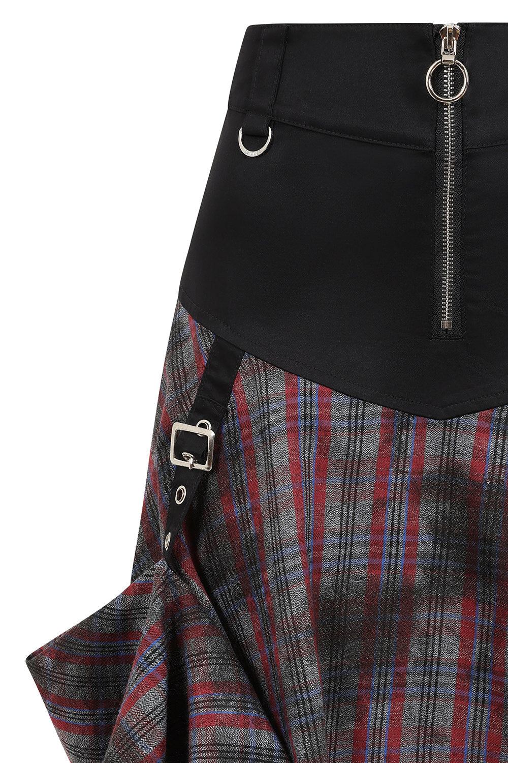 Close-up of the Banned Apparel Morrigan Goth Skirt featuring contrasting black waistband and intricate buckle strap, embodying luxury gothic fashion.