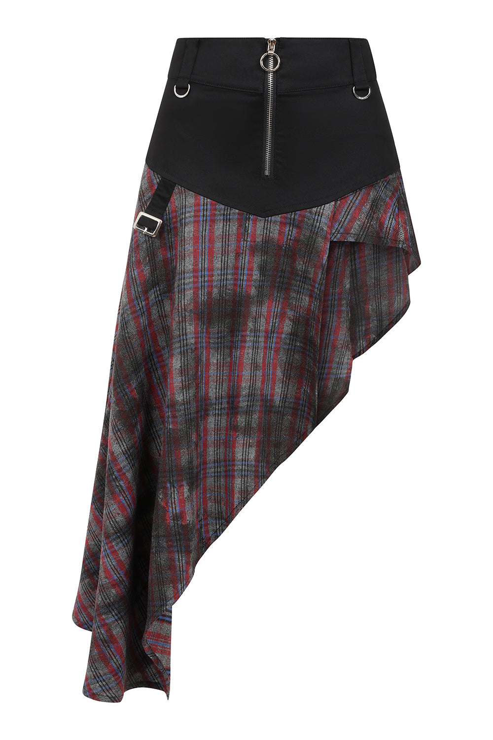 Banned Apparel Morrigan Goth Asymmetric Tartan Skirt in Red showcasing edgy design with O-ring zip and D-ring details, perfect for alternative streetwear.