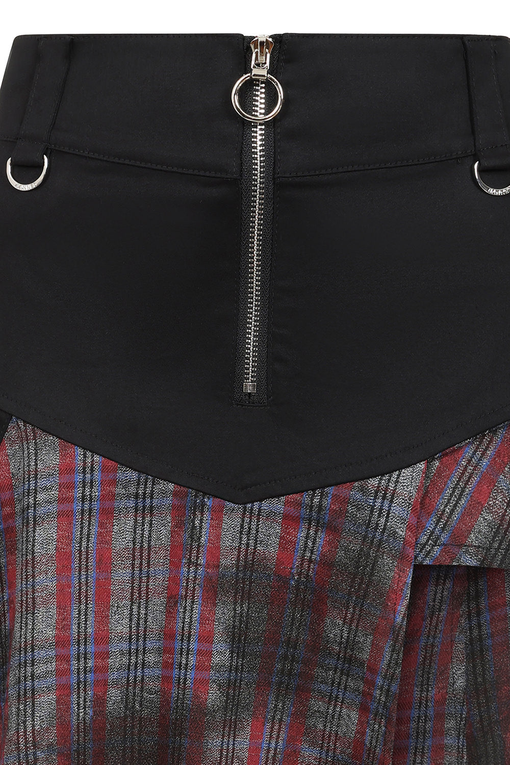 Banned Apparel Morrigan Goth Asymmetric Tartan Skirt in Red showcasing a striking asymmetric hemline and O-ring zip detail, perfect for alternative fashion enthusiasts.