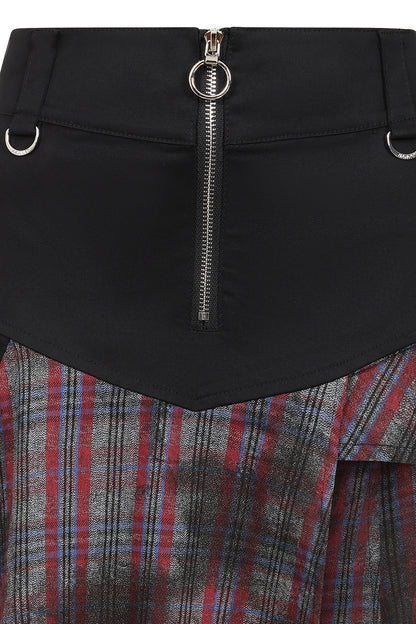 Banned Apparel Morrigan Goth Asymmetric Tartan Skirt in Red showcasing a striking asymmetric hemline and O-ring zip detail, perfect for alternative fashion enthusiasts.