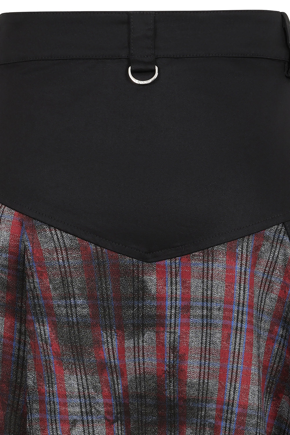 Stylish model wearing the Banned Apparel Morrigan Goth Asymmetric Tartan Skirt in Red, epitomizing rebellious chic for goth and alternative wardrobes.