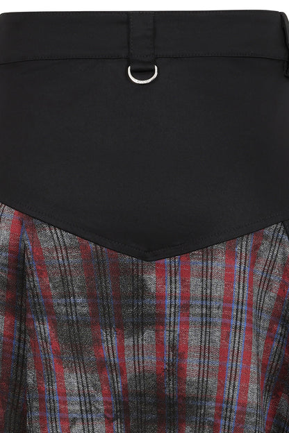 Stylish model wearing the Banned Apparel Morrigan Goth Asymmetric Tartan Skirt in Red, epitomizing rebellious chic for goth and alternative wardrobes.