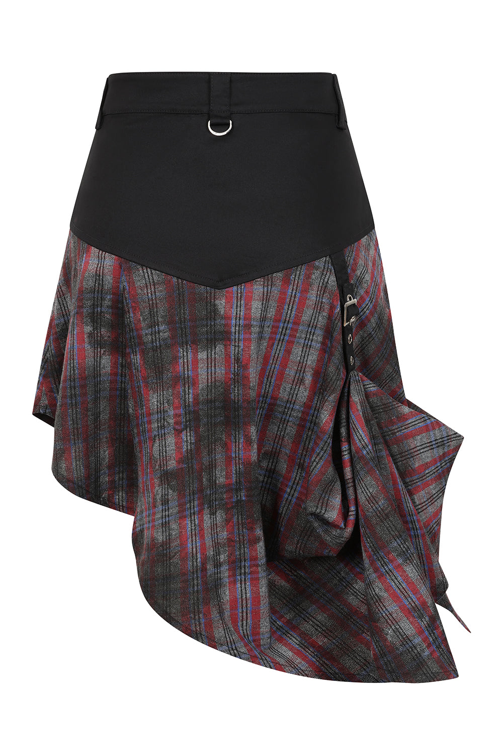 Banned Apparel Morrigan Goth Asymmetric Tartan Skirt displayed on a mannequin, highlighting the rich red tartan fabric and unique silhouette for alternative wardrobes.