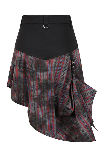 Banned Apparel Morrigan Goth Asymmetric Tartan Skirt displayed on a mannequin, highlighting the rich red tartan fabric and unique silhouette for alternative wardrobes.