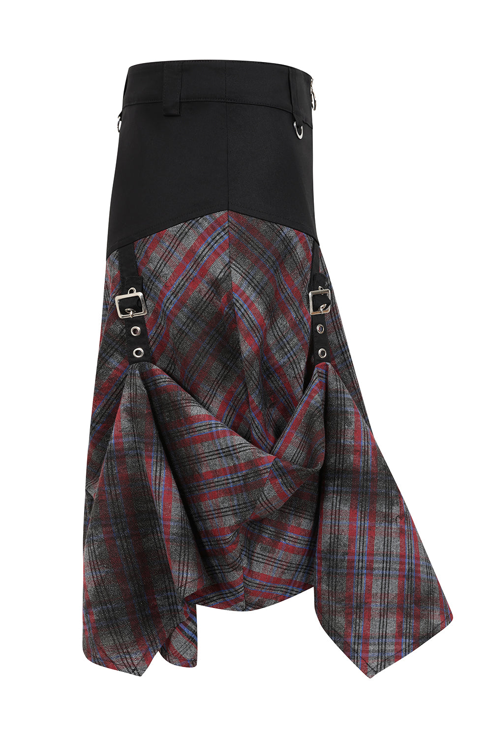 Close-up view of the Banned Apparel Morrigan Goth Asymmetric Tartan Skirt detailing the decorative buckle strap and D-ring accents, embodying edgy elegance.