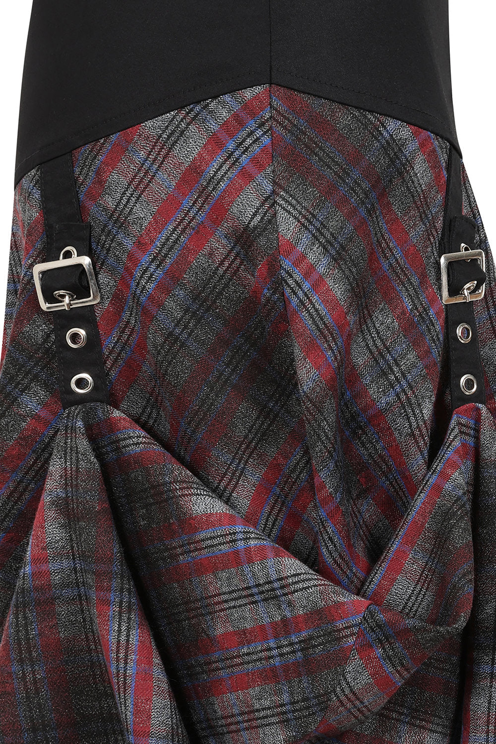View of the asymmetrical hemline of the Banned Apparel Morrigan Tartan Skirt, highlighting its punk-inspired elegance and soft cotton fabric.