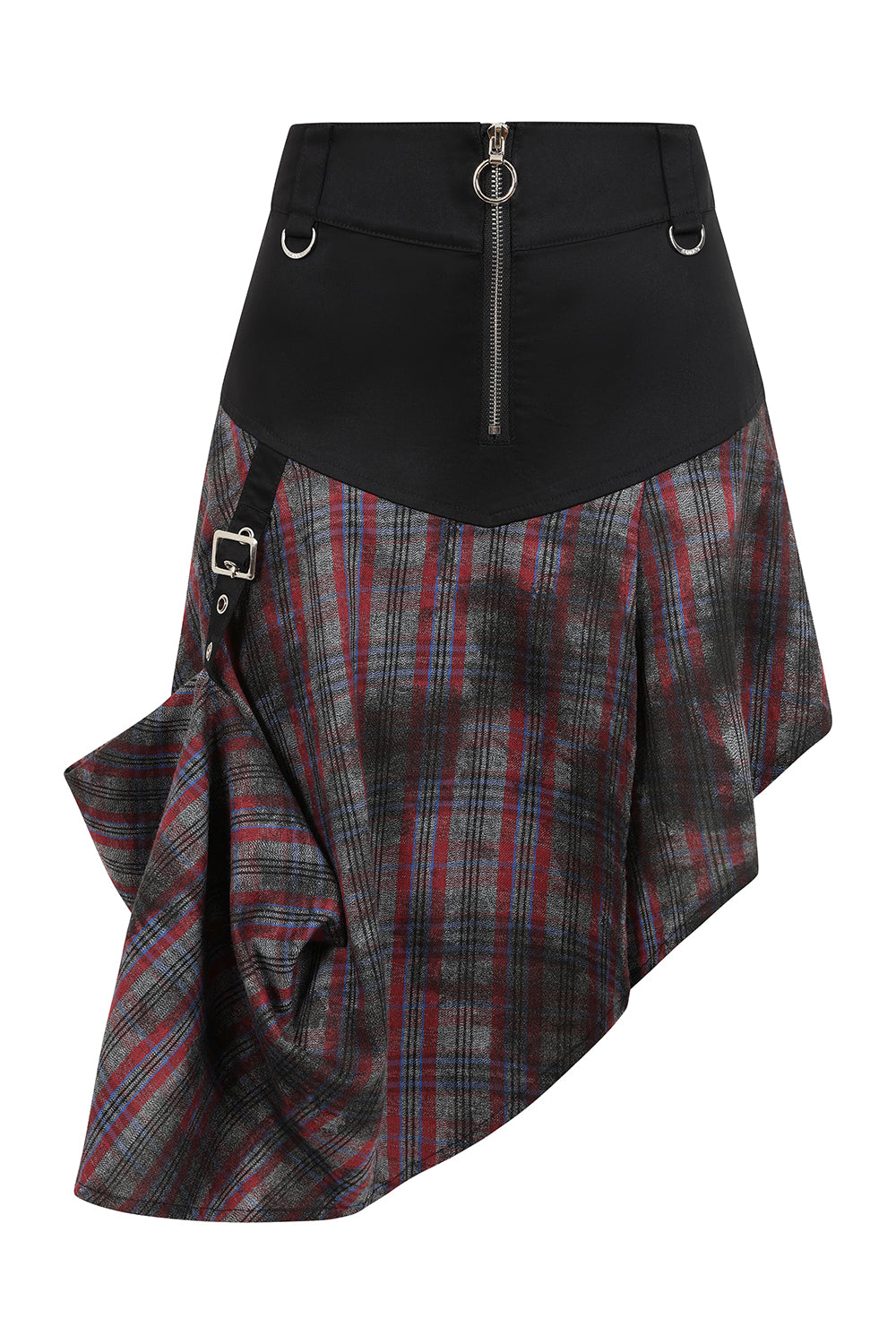 Full-length shot of the Banned Apparel Morrigan Goth Skirt demonstrating its high-waisted design with plaid patterns, ideal for gothic streetwear style.