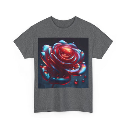 Front view of the Ethereal Rose Unisex Graphic T-Shirt in dark grey, featuring a striking image of a rose with glistening water droplets.