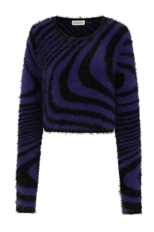 Luxurious Banned Apparel Daphne Cropped Jumper in black and purple psychedelic knit, showcasing intricate swirl patterns.