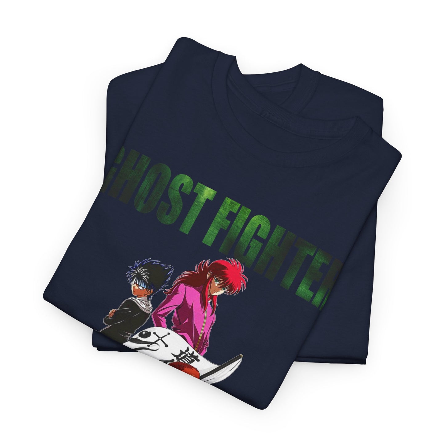 Premium Ghost Fighter graphic t-shirt showcasing vibrant anime character designs in a stylish dark blue fabric, perfect for fashion-forward anime enthusiasts.