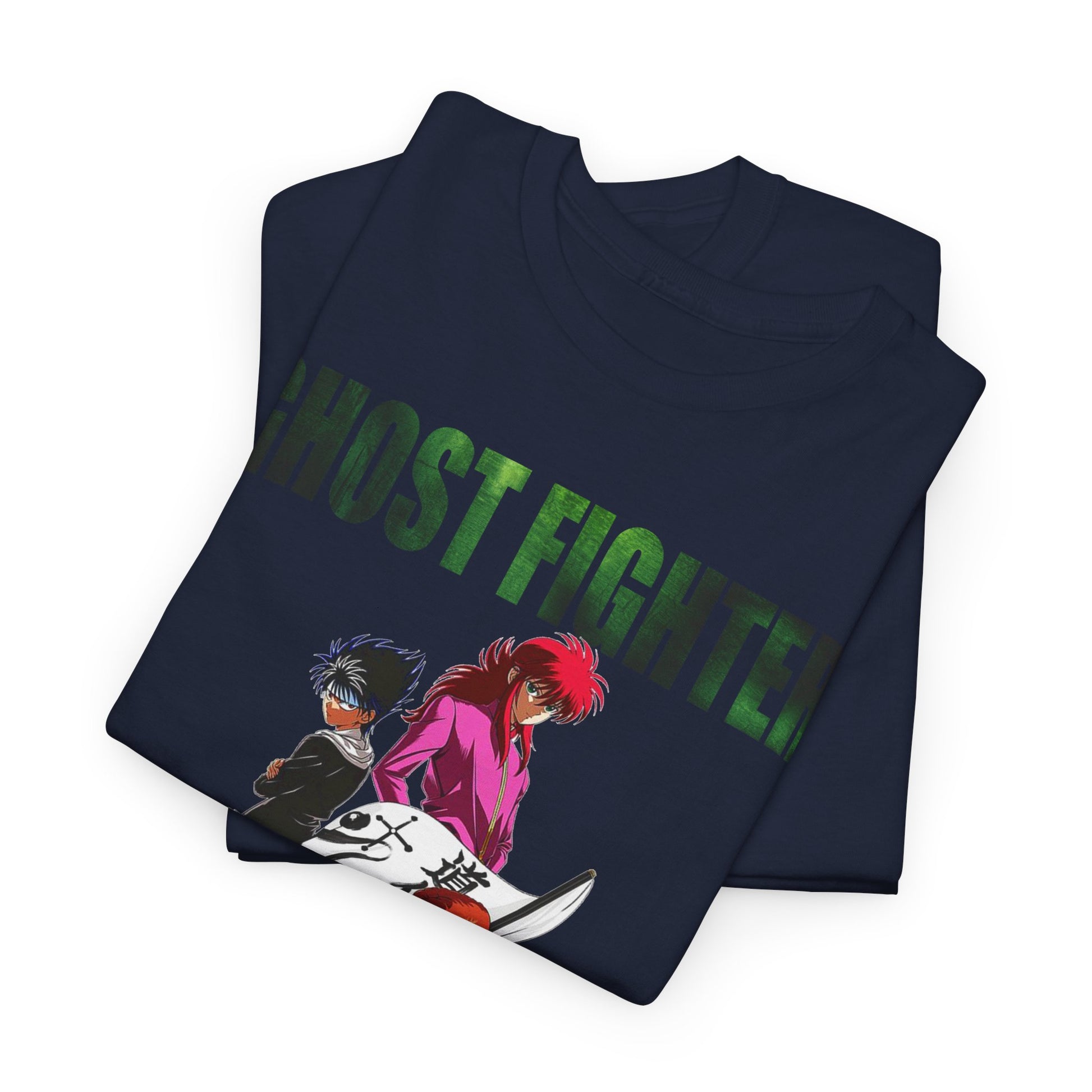 Premium Ghost Fighter graphic t-shirt showcasing vibrant anime character designs in a stylish dark blue fabric, perfect for fashion-forward anime enthusiasts.
