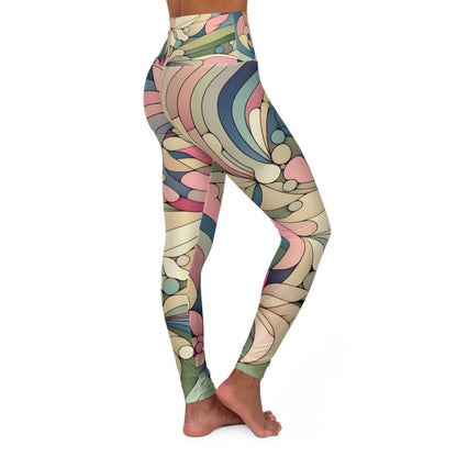 Model wearing Dazzling Dreams Studio pastel patterned leggings, demonstrating their perfect fit and stylish design for diverse body types.