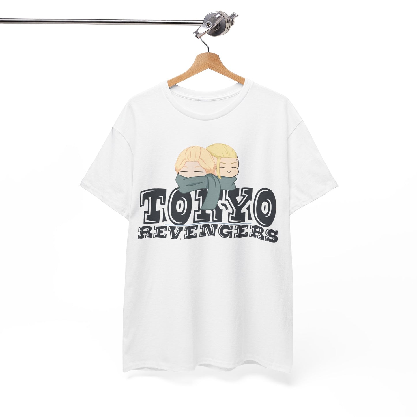 Artistic presentation of a Tokyo Revengers t-shirt hanging elegantly, featuring cozy characters wrapped in scarves, ideal for fashion-conscious anime enthusiasts.
