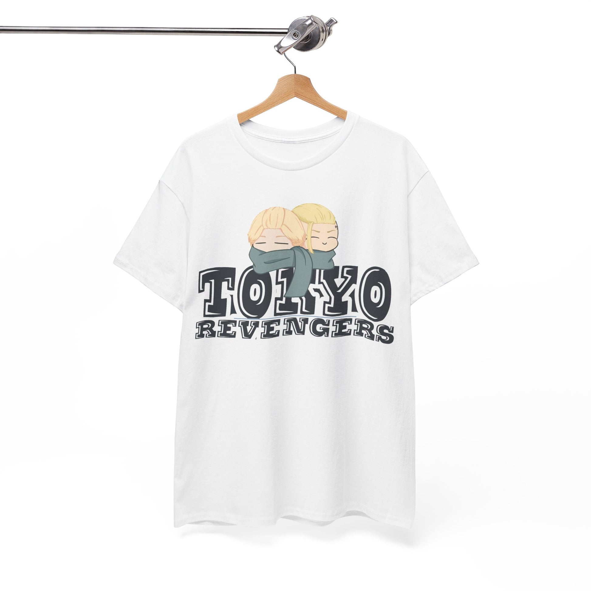 Artistic presentation of a Tokyo Revengers t-shirt hanging elegantly, featuring cozy characters wrapped in scarves, ideal for fashion-conscious anime enthusiasts.