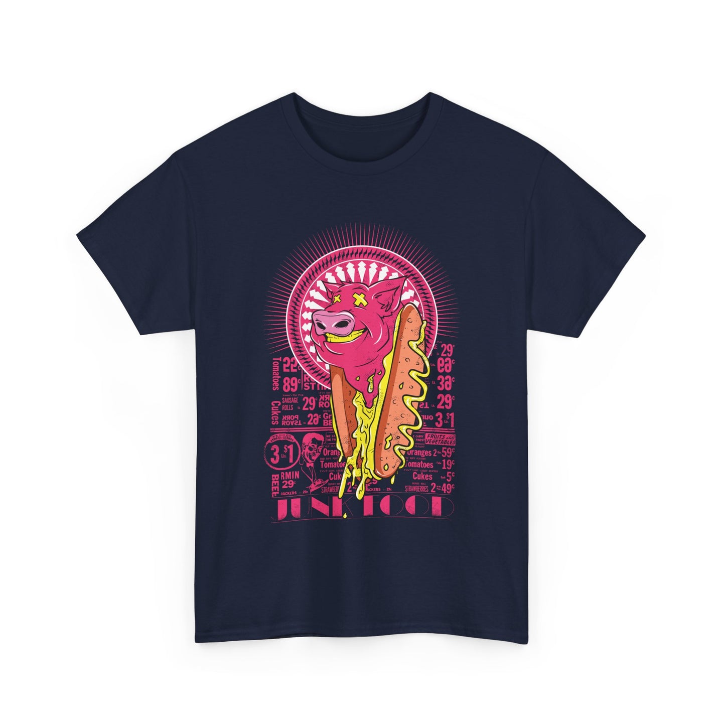 Vibrant front view of a navy blue men's T-shirt adorned with a whimsical pig and hot dog graphic, combining playful art with luxurious comfort.