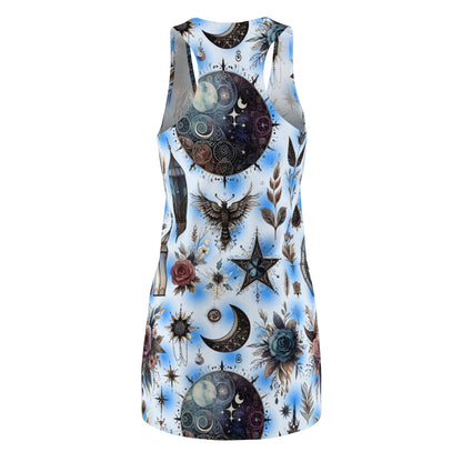 Back view of the Chic Women's Designer Racerback Dress illustrating intricate designs of stars and flowers, perfect for summer gatherings and casual events.