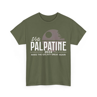 Vote Palpatine Star Wars Graphic T-Shirt in olive green, showcasing a striking typography design with the Death Star silhouette, an elegant choice for any fashion-forward fan.
