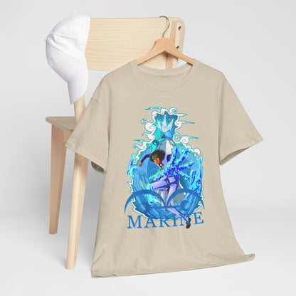 Luxurious beige men's t-shirt with a striking marine anime illustration, featuring dynamic blue visuals and intricate detailing, a statement piece for fashionable anime fans.