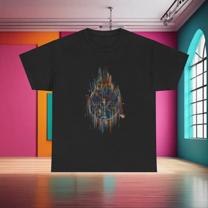Millenium Falcon Abstract Art Graphic T-Shirt displayed in a vibrant urban setting, showcasing a unique design of the iconic spacecraft in colourful abstraction.