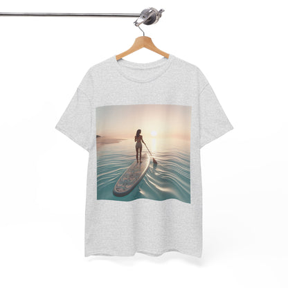 Dazzling Dreams Studio Paddle Board T-Shirt showcasing a vibrant paddleboarding scene, ideal for luxury casual wear for water enthusiasts.