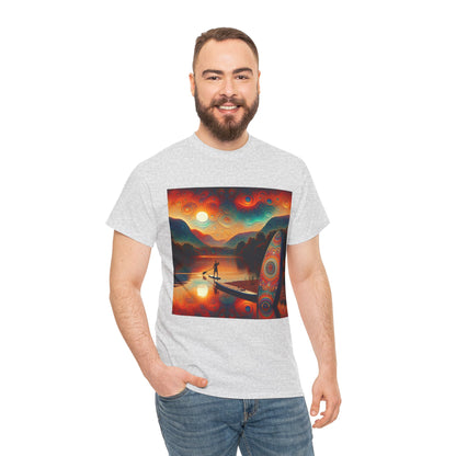 Luxury Premium Paddleboarding Scene T-Shirt showcasing vibrant water sports design by Dazzling Dreams Studio, ideal for outdoor enthusiasts and nature lovers.