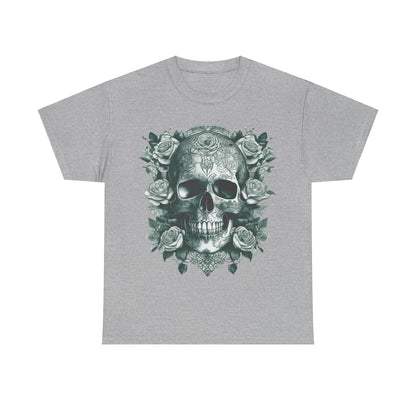 Skulls and Roses Cotton Tee in grey, a luxurious unisex graphic shirt featuring intricate steampunk skull and rose designs, perfect for alternative fashion enthusiasts.
